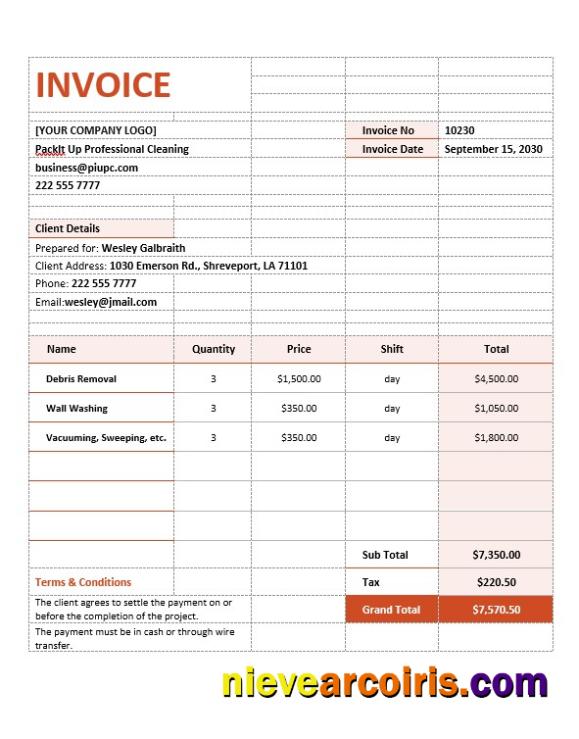 Cleaning Services Contract Agreement Invoice
